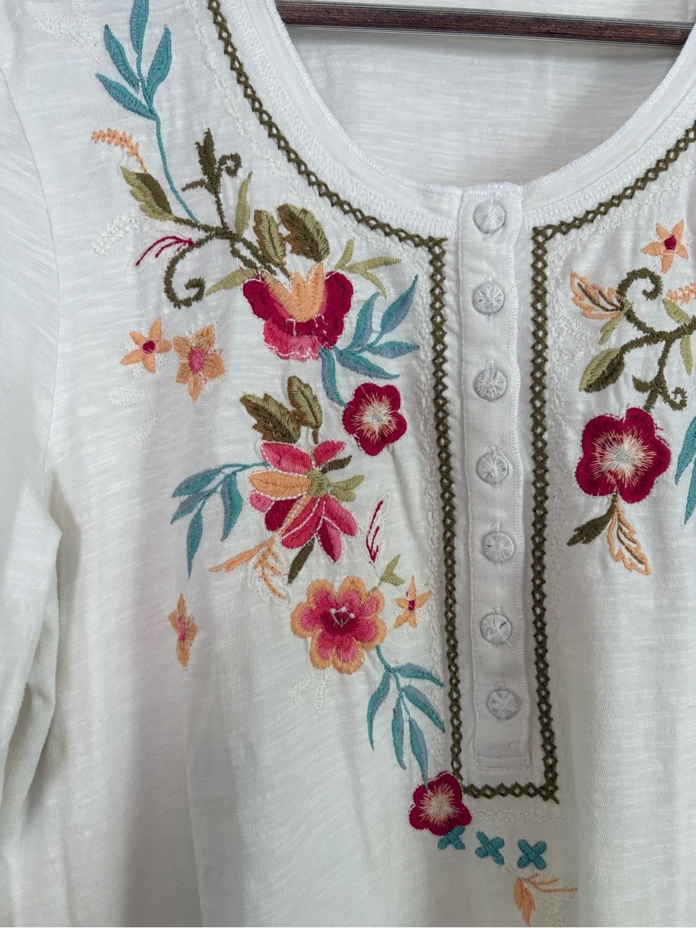 Sundance Floral Embroidered Boho 3/4 Sleeve Peasant Top. Large. Ivory Festival - Picture 3 of 11